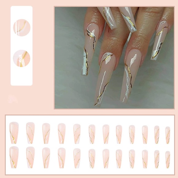 Gold Fake Nails Long Press on Nails Coffin Acrylic Geometry False Nails Full - Picture 3 of 6